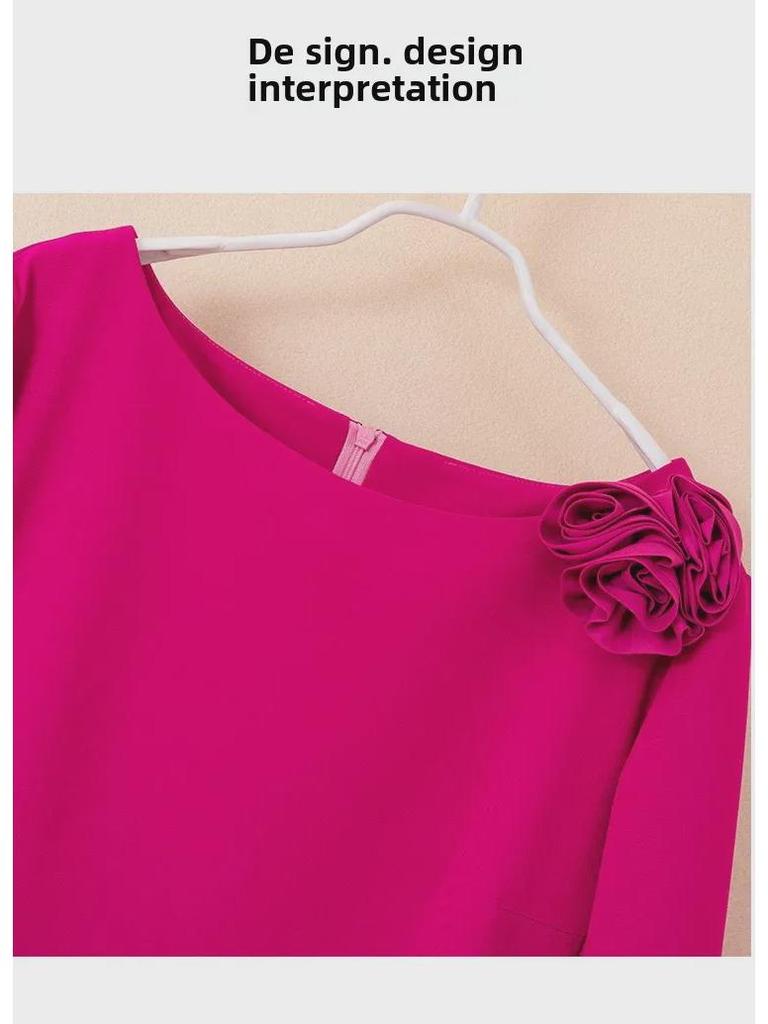 2023 Autumn/Winter Plus Size Women's Rose Red Dress with New Elegant Style