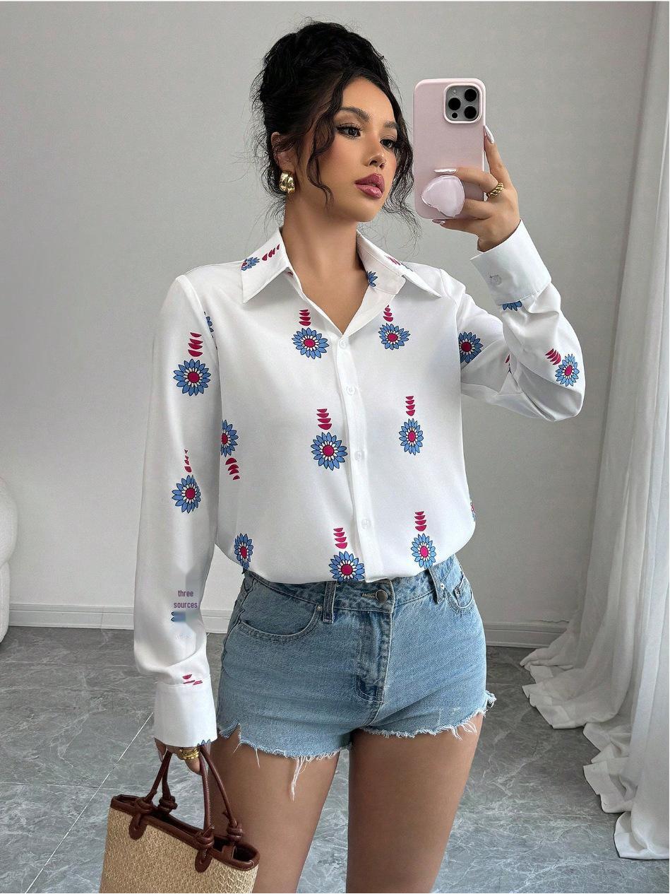 Elegant Plus Size Women s Printed Long-Sleeve Shirt - Versatile Casual Top for Spring & Autumn S белый