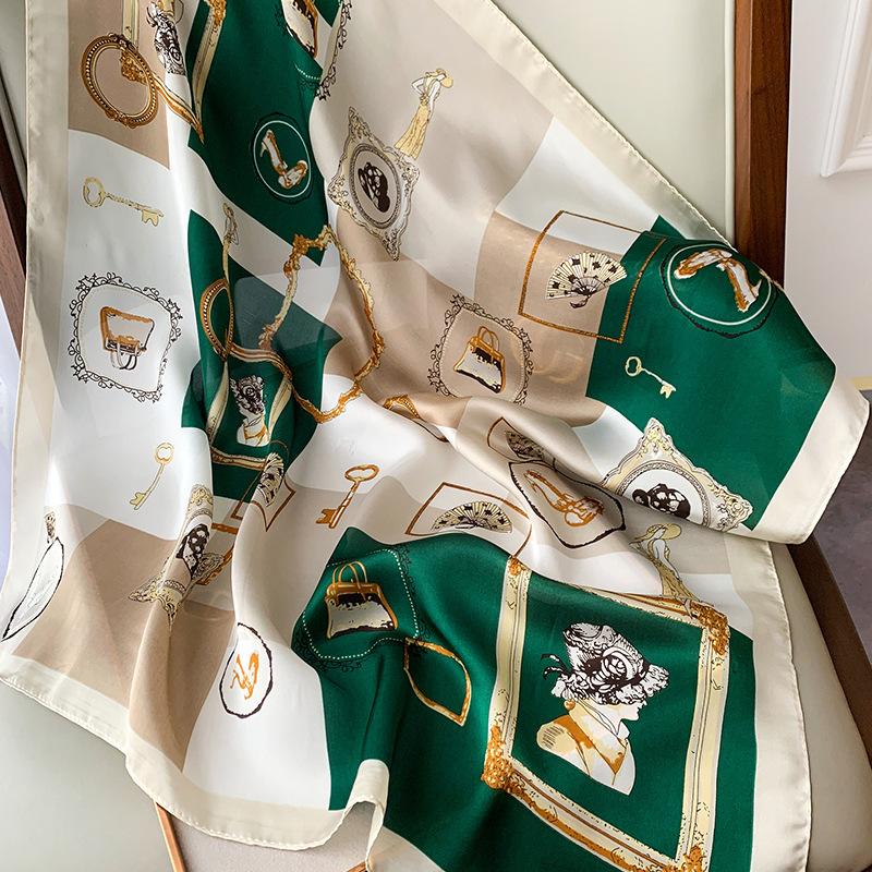 Foulard in raso di seta con stampa a catena da 70 cm per donna, fazzoletto stampato, bandana quadrata da testa per donna, scaldacollo piccolo, Hijab, signora, ragazza