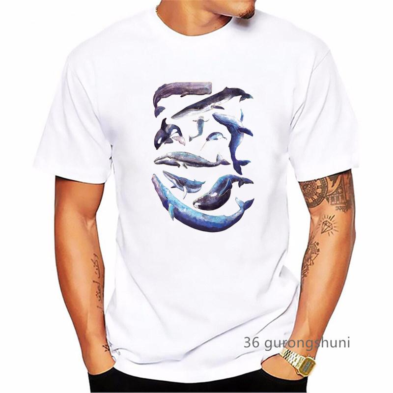 Watercolor Dolphins And Sharks Print T Shirt MenS Clothing Summer Fashion White Tshirt Homme Harajuku Shirt