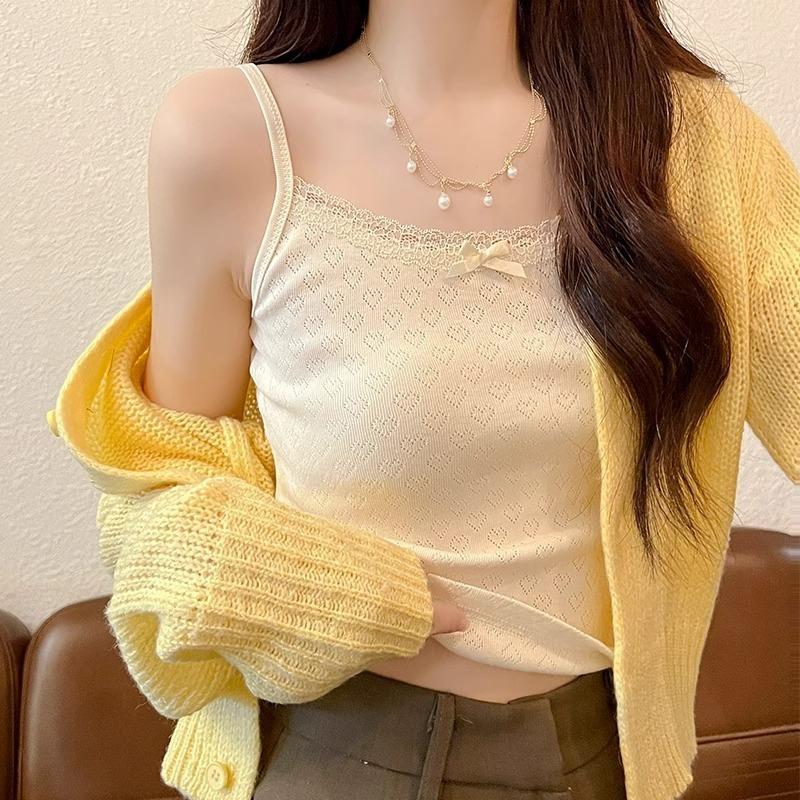 Lace Patchwork Base Camisole Women's Spring New Suit with Bow Underneath Sexy Slim Top