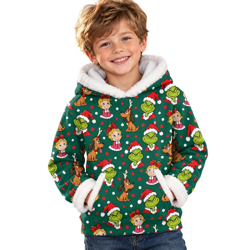 Kids Long Sleeve Christmas Print Casual Hooded Top for Boys and Girls Holiday Outfit