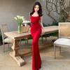 Royal sister temperament shows figure, retro red suspender dress is beautiful and unique, waist halter, hip wrap, fishtail skirt summer