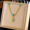 18K Gold Plated Layered Turquoise Sun Pendant Necklace, Dainty Double Chain Boho Choker for Women, Trendy Jewelry