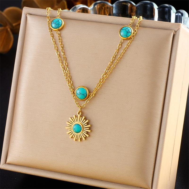 18K Gold Plated Layered Turquoise Sun Pendant Necklace, Dainty Double Chain Boho Choker for Women, Trendy Jewelry