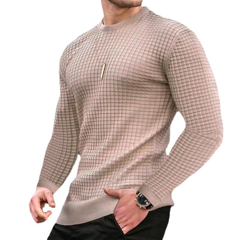 Autumn Small Checkered Men's Round Neck Pullover White Black Loose Knitted Long Sleeve Cotton Shirt Top Men