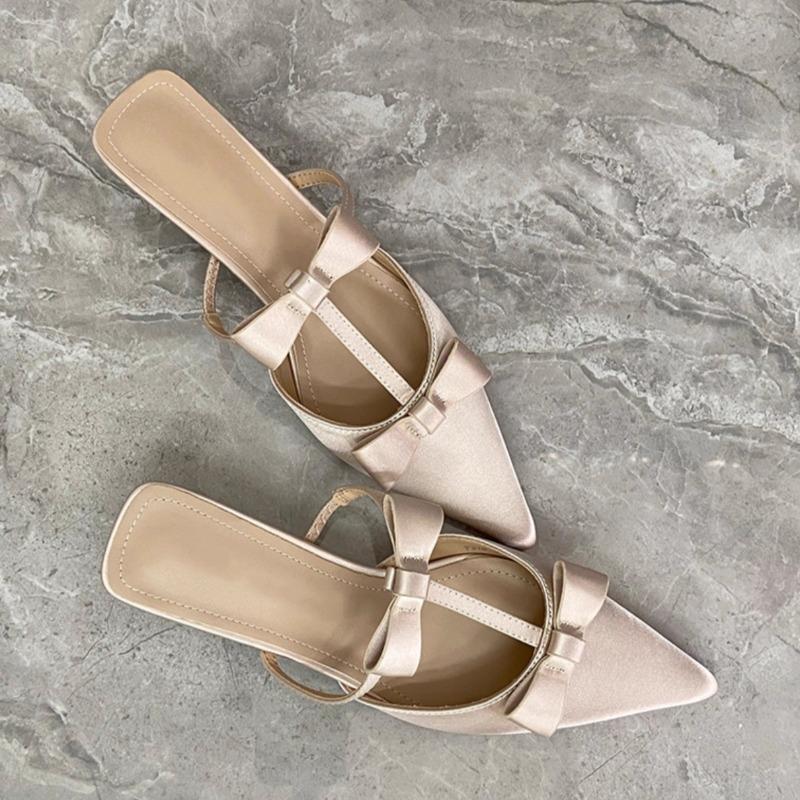 Fashion Satin Baotou Cool Mopping Summer New Pointed Toe Shallow Mouth Bow Hollow-out Non-slip Wear-resistant One-line High Heels