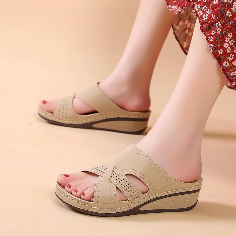 2025 Women Summer Wedge Sandals Premium Orthopedic Open Toe Sandals Vintage Anti-slip Leather Casual Female Platform Retro Shoes
