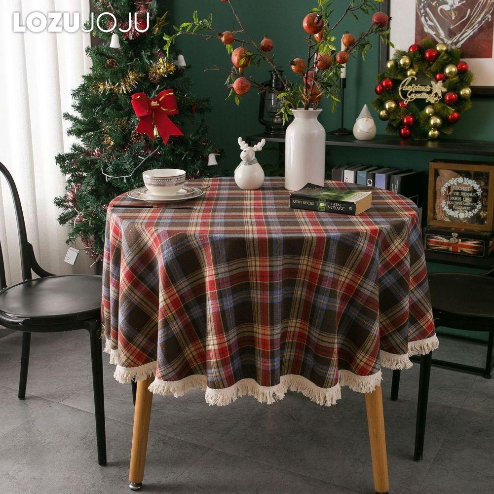 1PC LOZUJOJU Christmas Plaid Printed Tassel Edge Table cloth Retro Party Decoration Table cloth for Kitchen Dining Table Coffee Table Home Decor
