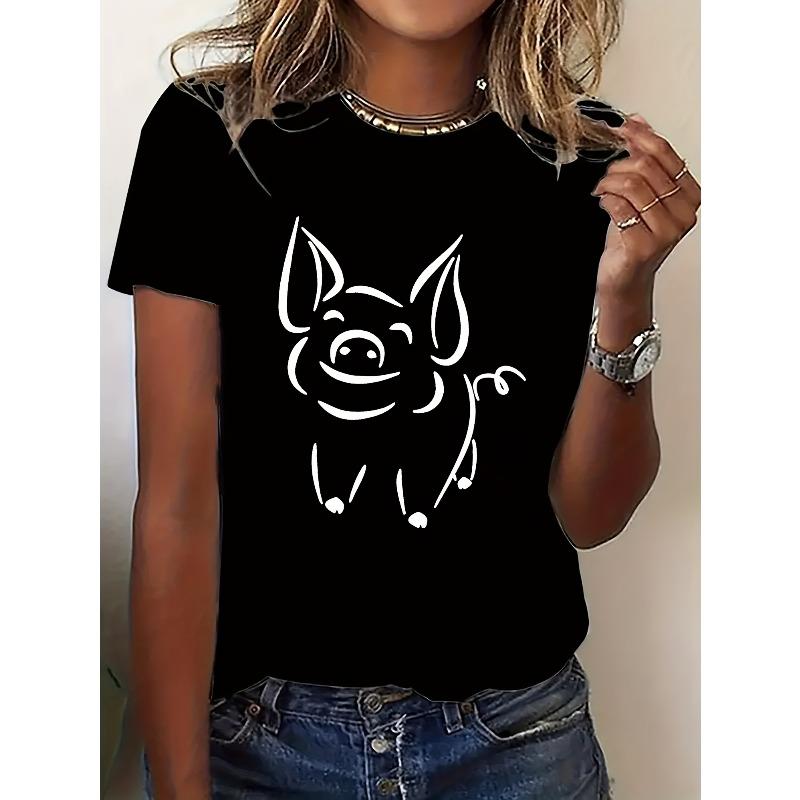 

Women s Cute Pig Print Casual T-Shirt Round Neck Short Sleeve All-Season Party Top 4XL чорний