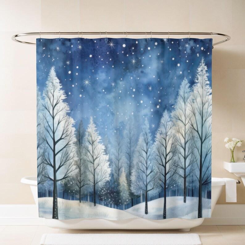 Twilight Forest Shower Curtain - Dark Forest & Meadow, Moon & Stars, Celestial Nature Decor, Luxury Weighted Fabric W90XH180cm