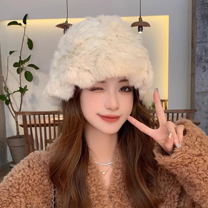 Women S Winter Warm Fluffy Rabbit Fur Blend Knit Bucket Hat