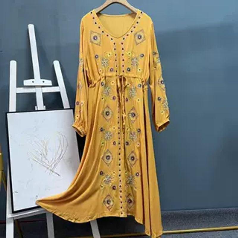 

0411-60 Exotic Qinghai Lake Cotton Yarn Embroidery Dress Breathable Slimming Travel Photography Long dress New Product Yellow F