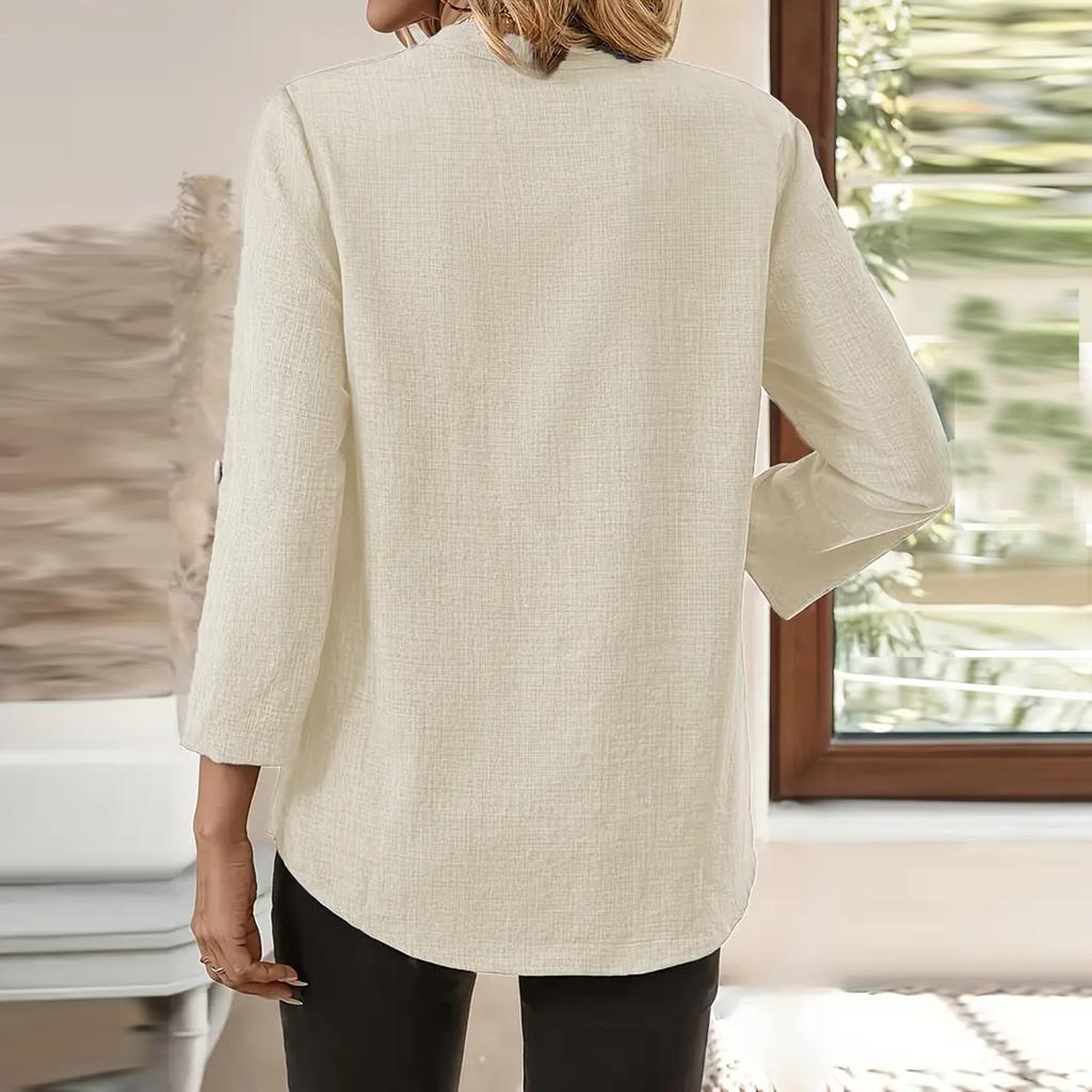 Women's Fashion Nine-minute Sleeve Cotton Linen Solid Colour Casual V-Neck Pocket Blouse Top