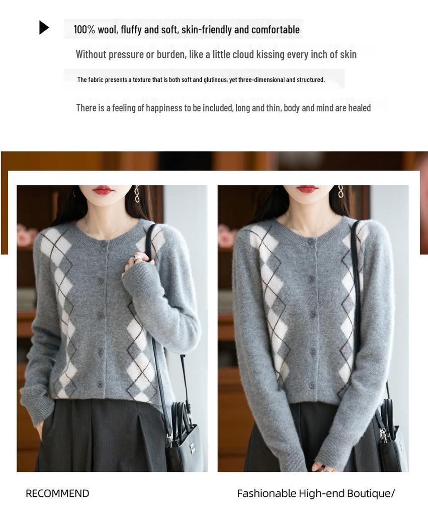 Women's 100% Wool Cashmere Cardigan, Round Neck, Loose Knit, Soft Thickened Coat for Autumn/Winter.
