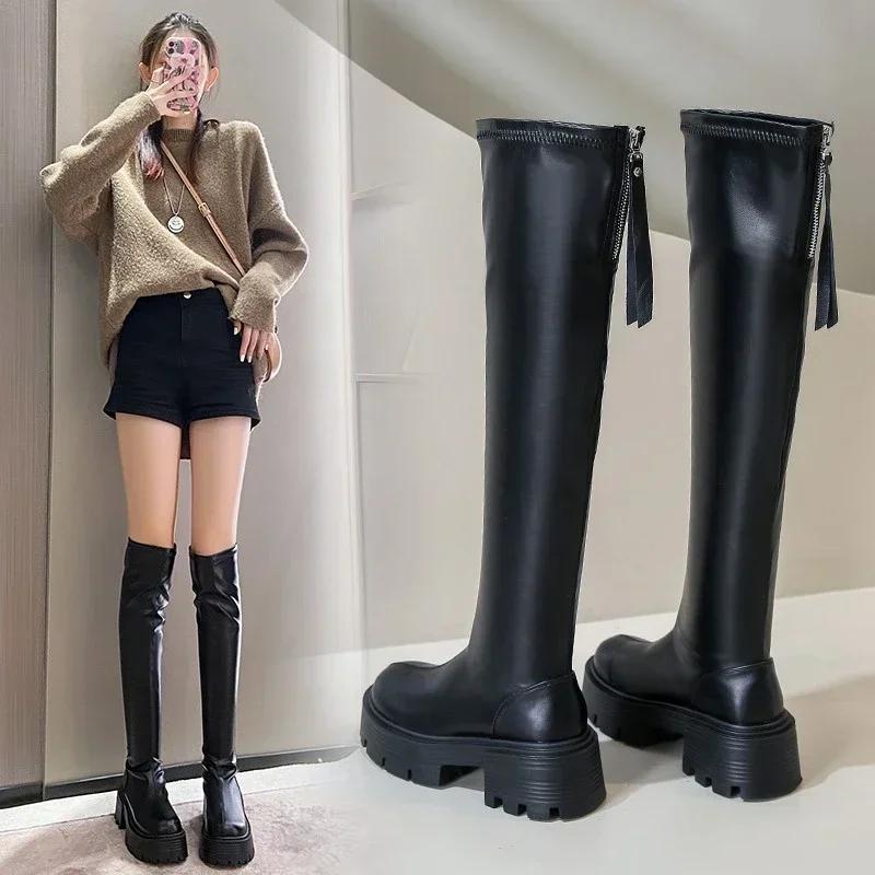 Autumn Winter Stretch Over The Knee Boots Women Fashion Round Toe Square Platform Thick Heels Long Booties Women's High Boots