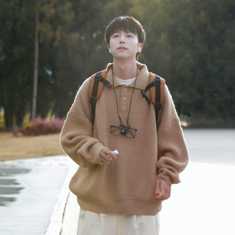 Men s Korean-Style Casual Polo Neck Sweater: Elegant Knit Pullover XXL