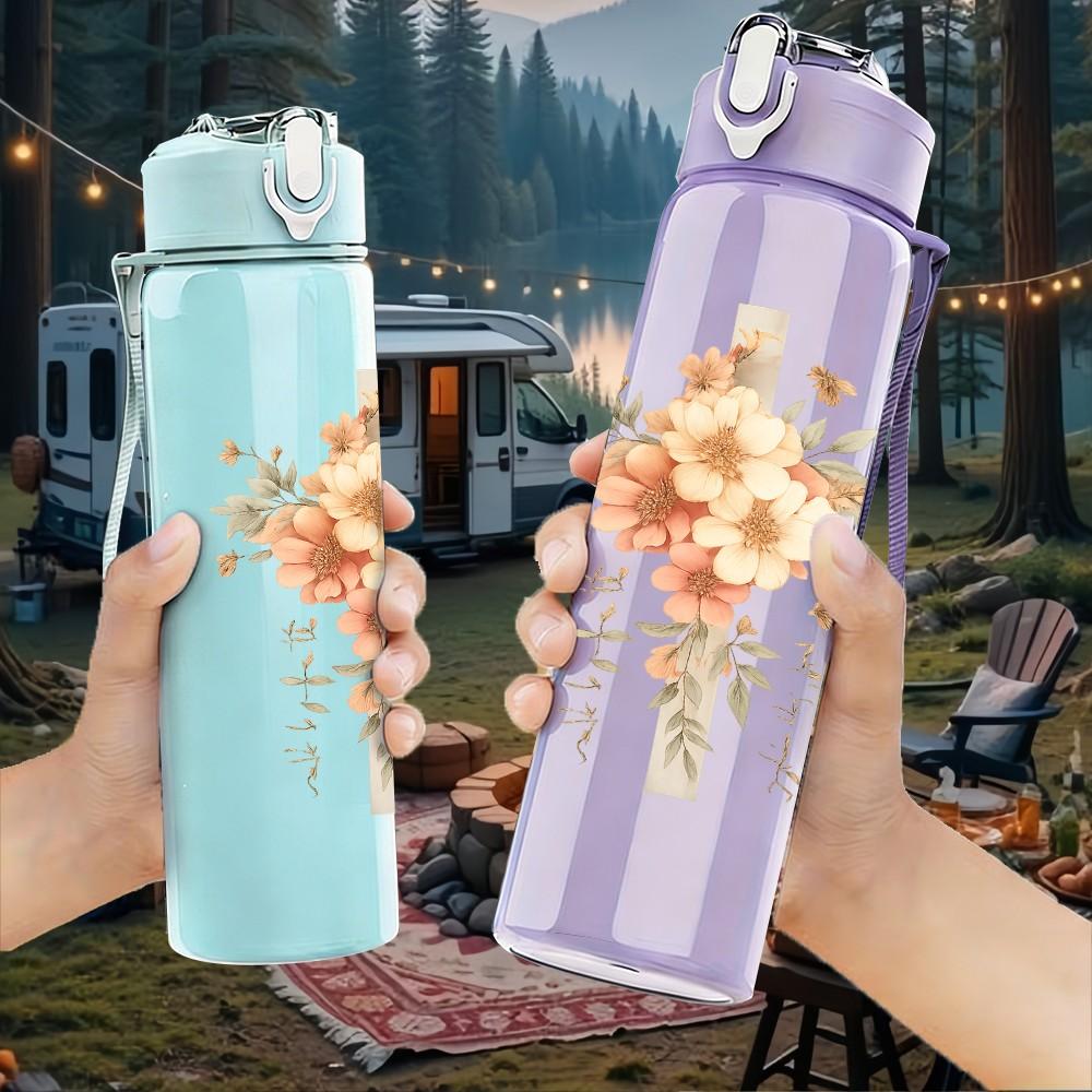 1PC Cross Flower Religious Art Print 750ml Color Plastic Sports Water Bottle Leakproof Flip Straw Lid Suitable for Sports Office Home Use