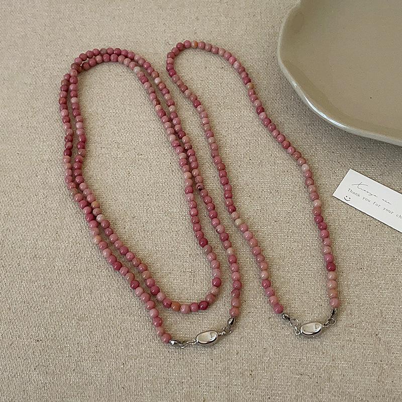 Pink Natural Stone Beaded Long Necklace For Women, Multi-Wear Design, Elegant And Fashionable Versatile Neck Chain, Collarbone Chain