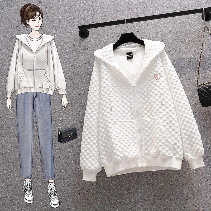 Women's Loose Fit Waffle Jacket - Spring/Autumn, BF Style, Zipper Cardigan Sweater