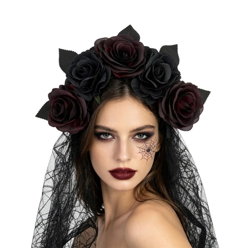 Rose Lace Headband for Women, Gothic Costume Headpiece for Halloween Parties, Cosplay Styling, Stage and Photo Looks