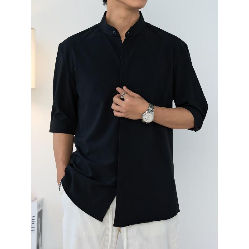 Men Mandarin Collar Half Sleeve Button Down Shirt Casual Loose Breathable Lightweight Business Casual Summer Top