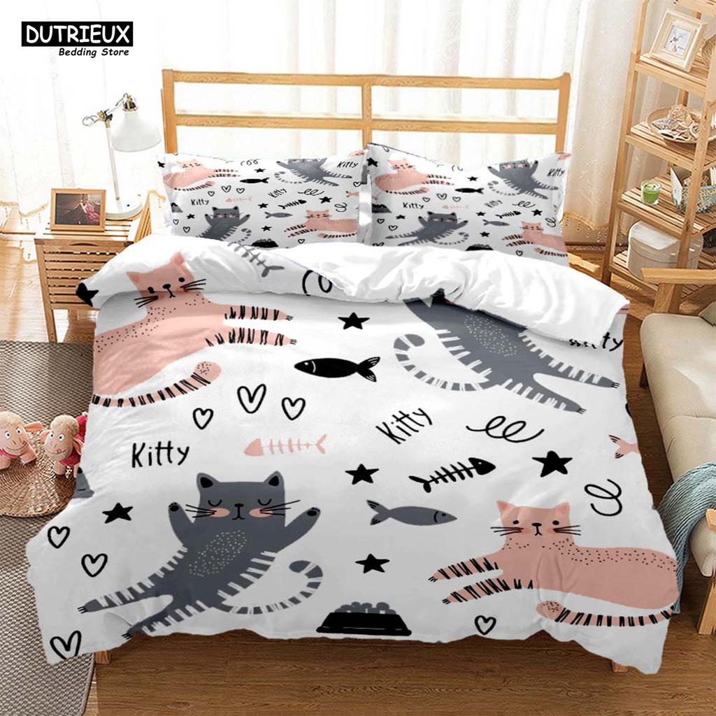 Cute Cat Print Quilt Cover Pillow Cover  Bedding Set Luxury Queen Bedding Set Cute Style Customized  children‘s  Bedding Set