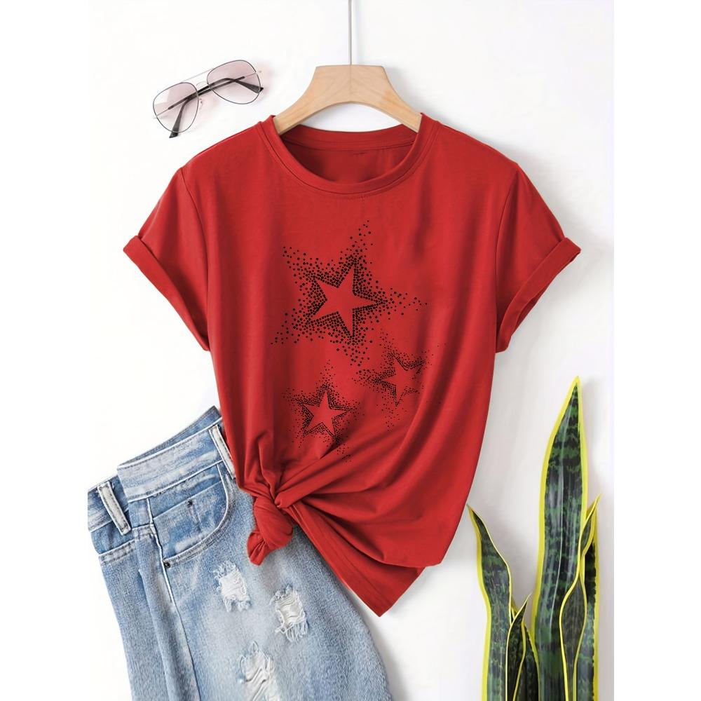 Damen Casual Kurzarm T-Shirt - Schwarz mit Weißem Sternenprint Rundhals Oberteil für Frühling & Sommer Maschinenwaschbar