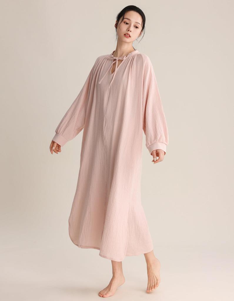 Long Sleeve Lounge Double Long Loose Plus Fits and Hospital Solid Pink [House Yayoi] Dress, Fall/Winter, Gauze, Cotton, Length, Fit, Sizes, V-Neck,
