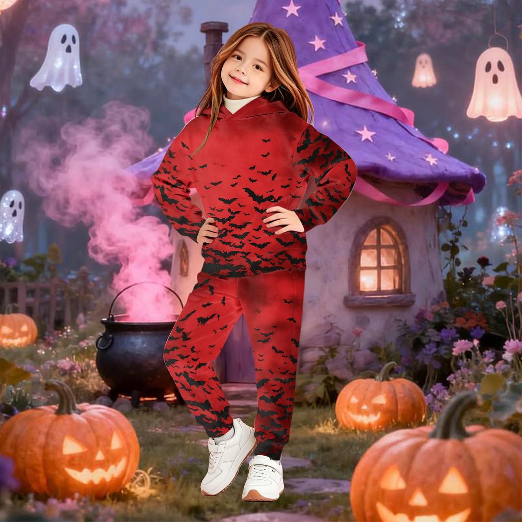 Kids' Hooded Sweatshirt Set with Halloween Print Pullover Top and Matching Pants for Boys Girls