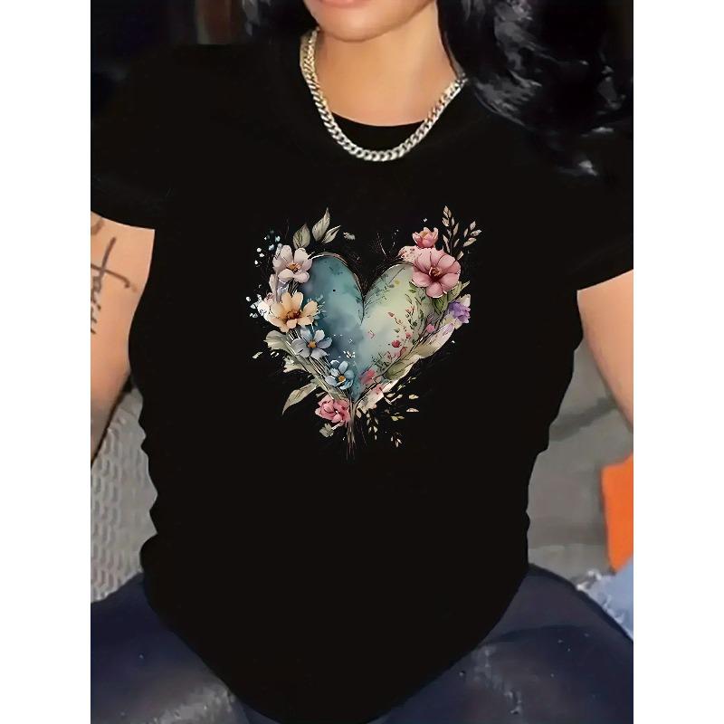 Floral Heart Graphic Women's Fashion Casual Sports T-Shirt Top, Short Sleeve, Round Neck, Leisure Style