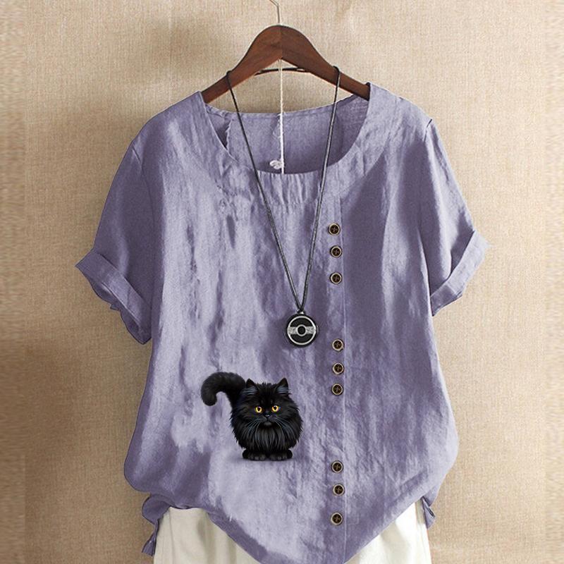 Women's Fashion Black Cat Prined Round Neck Short Sleeve T-shirt Casual Cotton Linen Graphic Shirt Leisure Loose Summer Blouse Tops