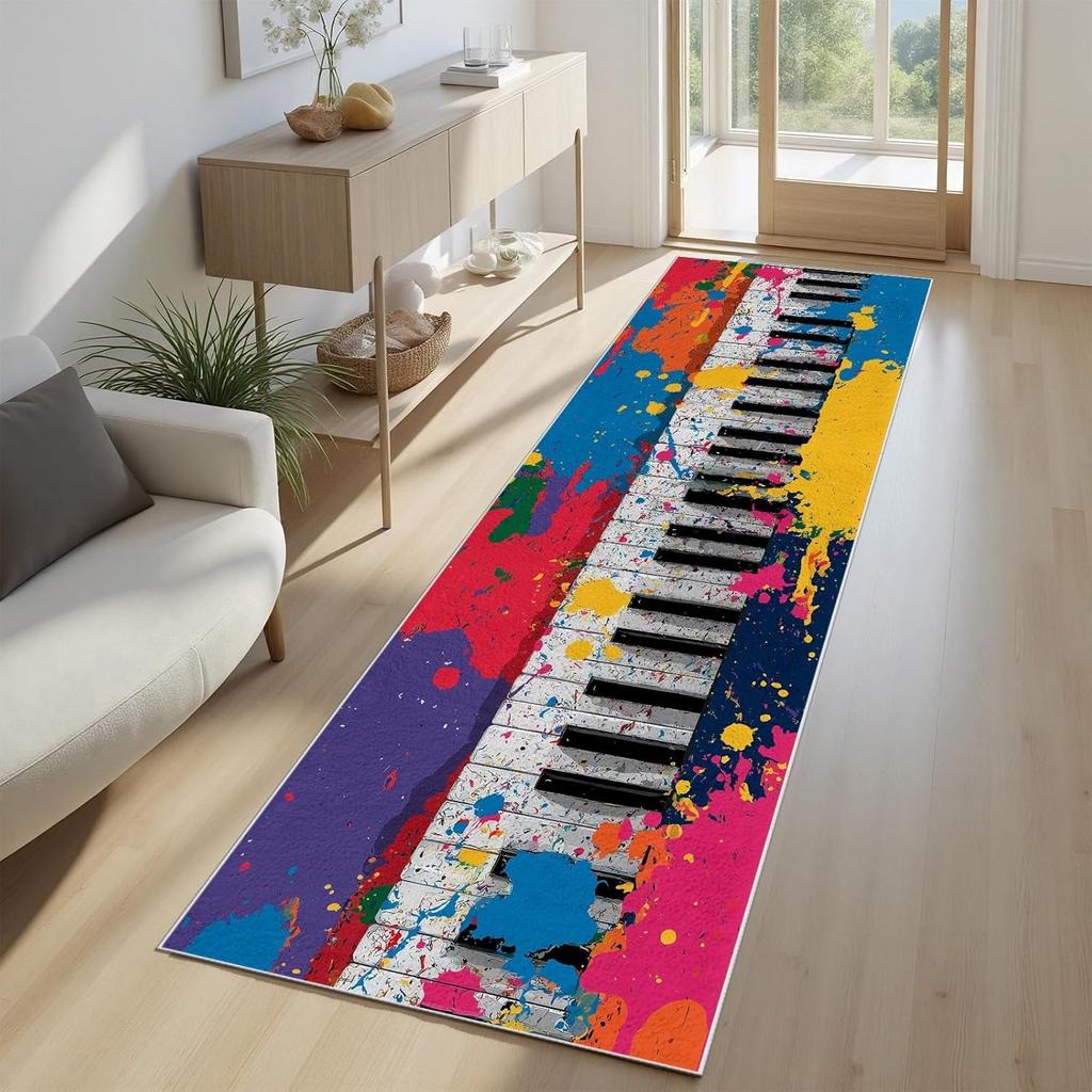 Piano Keyboard Pattern Runner Rug Vintage Musical Soft Non-Slip Carpet Retro Home Decor Music Note Floormat for Hallway Bedside
