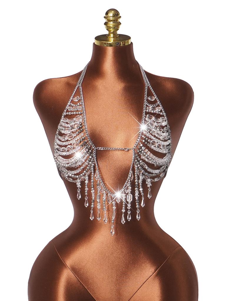 Transparente Perlen-Tops Bikini Rave Körper Party Kette BH-Tops Perlen Strandmode Damen Perlenstickerei Dessous Harness Bralette