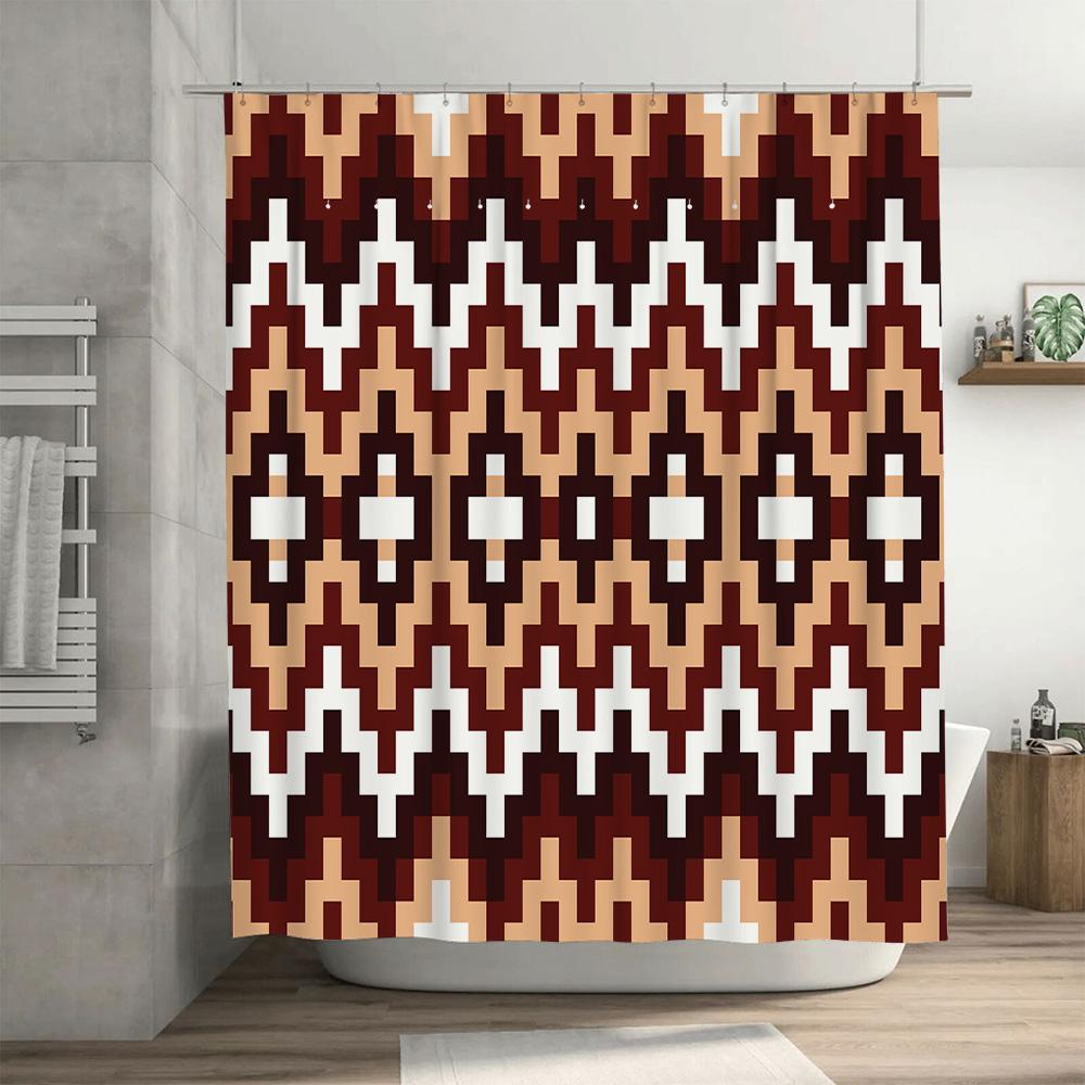 Modern Geometric Pattern Bath Shower Curtain with White Beige Tan Dark Brown Design 72 x 72 inches (183x183cm)