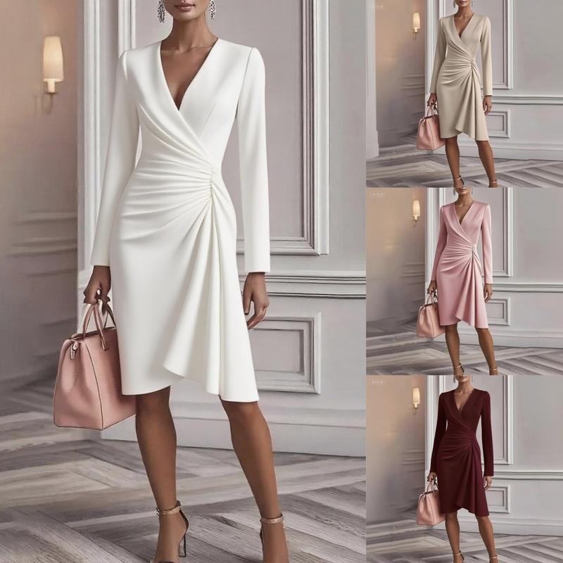 European Style Fall Fashion V-Neck Solid Color Long Sleeve Maxi Dress Women Clothing