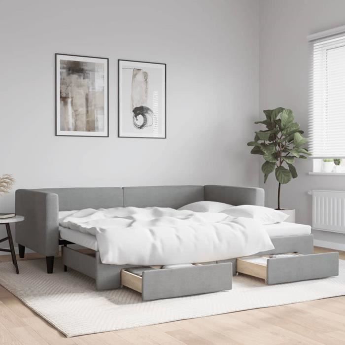 VidaXL Lit de jour avec gigogne et tiroirs gris clair 90x190 cm tissu 3196624