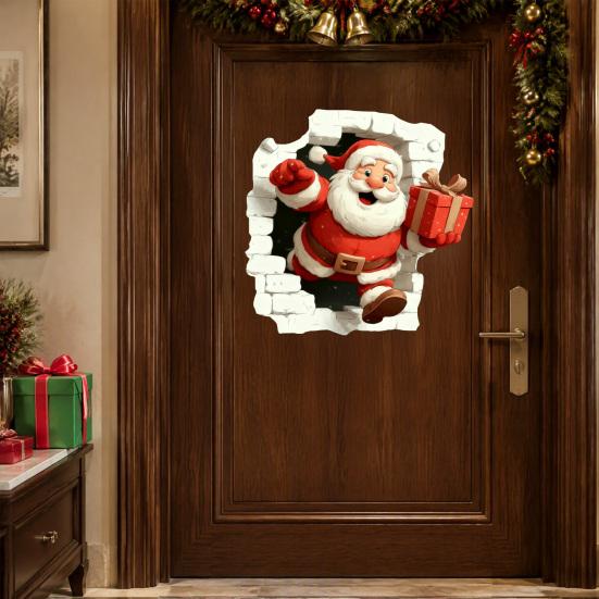 3D Holiday Wall Stickers Christmas Santa Stickers, Claus Reindeer Break-Through Self-Adhesive Decorative Window Film Decal, Removable for Living Room