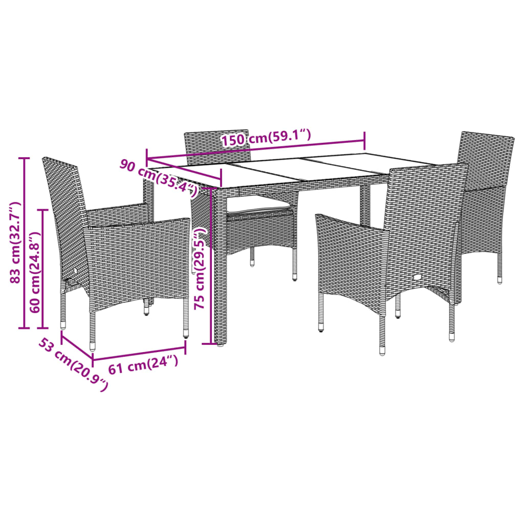 5 Piece Outdoor Dining Set with Cushions Black Poly Rattan & Acacia Wood