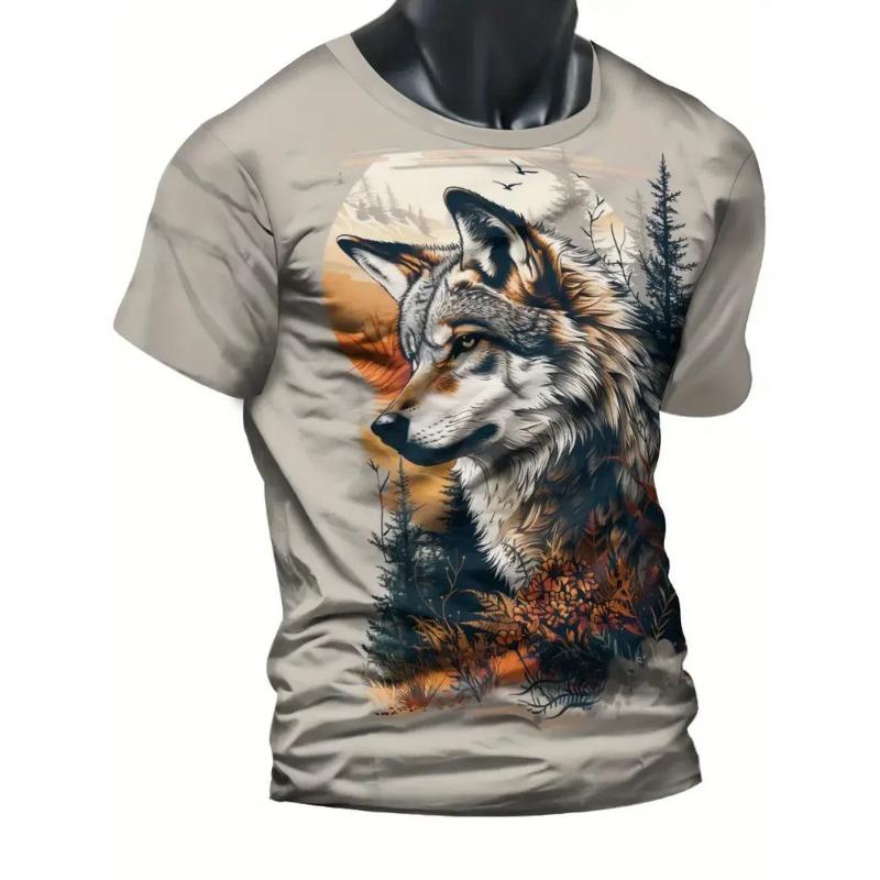 Animal Wolf Pattern Men's T-shirt Fashionable Round Neck Short Sleeved Top