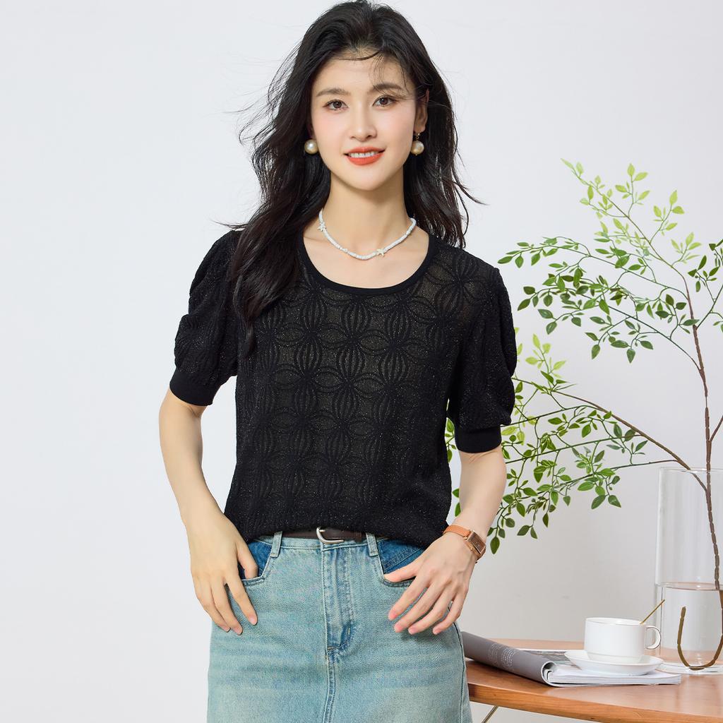 2025 Summer New High end Round Neck Lantern Sleeve Flower Jacquard Short Sleeve T-shirt Fashion Knitted Top