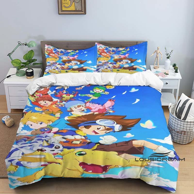 Digimon Cartoon 3D-Printed Bedding Set—Includes Duvet Cover and Pillowcases—Available for Single, Double, King, and Queen-Sized