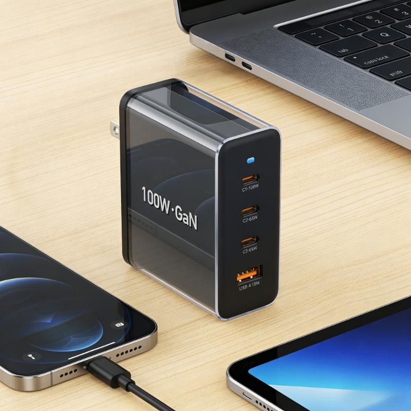 100W USB C Power Adapter With 4 Port Aluminum Alloy Fast Charging Adapter For Laptop Phones Tablets Power Adapter