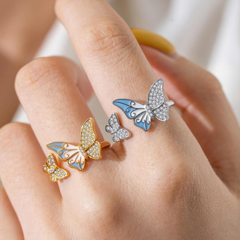 Elegant Butterfly Zircon Ring Enamel Finger Jewelry Sweet Butterfly Open Ring Ladies Jewelry