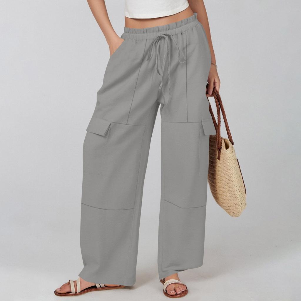Women's Cotton And Linen Summer Stitching Casual Drawstring High Waist Pocket Workwear Trousers