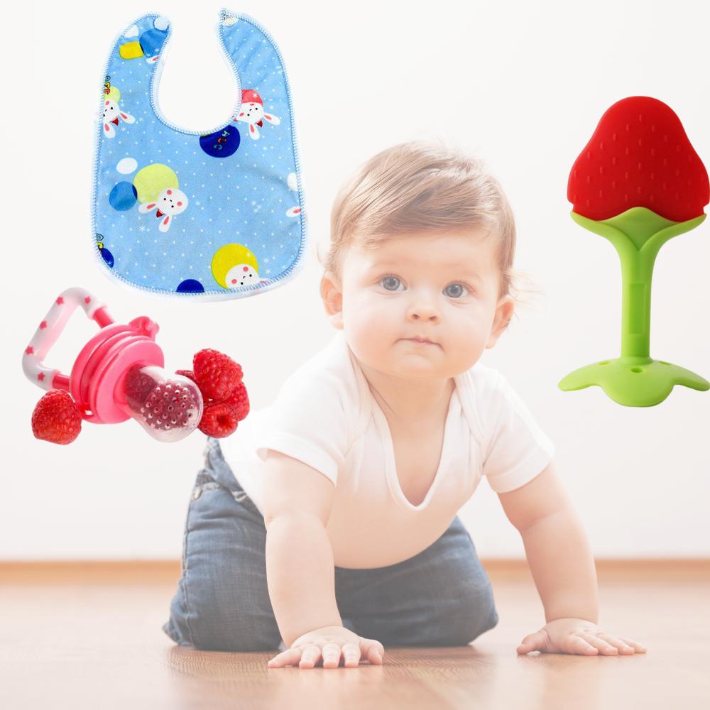 Baby Feeding & Teething Combo – Teether, Fruit Feeder & Silicone Bib (Pack of 3)