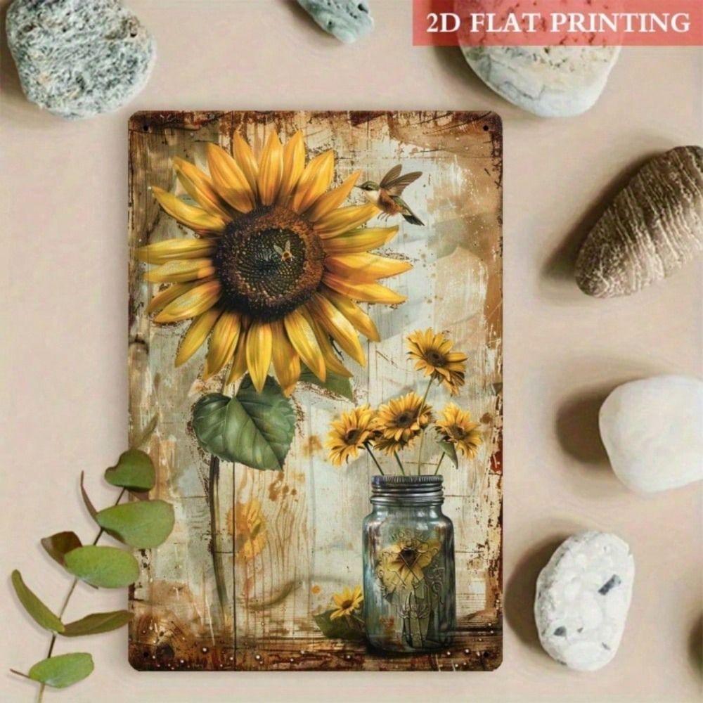 

Tin Sign Sunflower Hummingbird Mason Jar Rustic Wall Art for Living Room