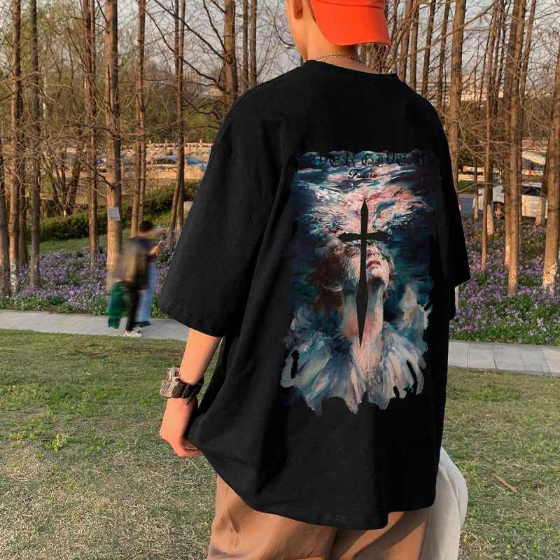 

Летняя американская мода с принтом вокруг шеи, свободная универсальная футболка большого размера с короткими рукавами, мужская трендовая футболка