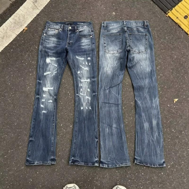 Mens Slim Fit Jeans Punk Style Distressed Printed Denim Pants Teens Casual Wear