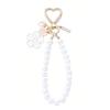 Lovely Cherry Blossoms Fan Keychain Pearl Chain Pendant Women Car Key Ring Headphone Case Charms Bag Decor Accessories